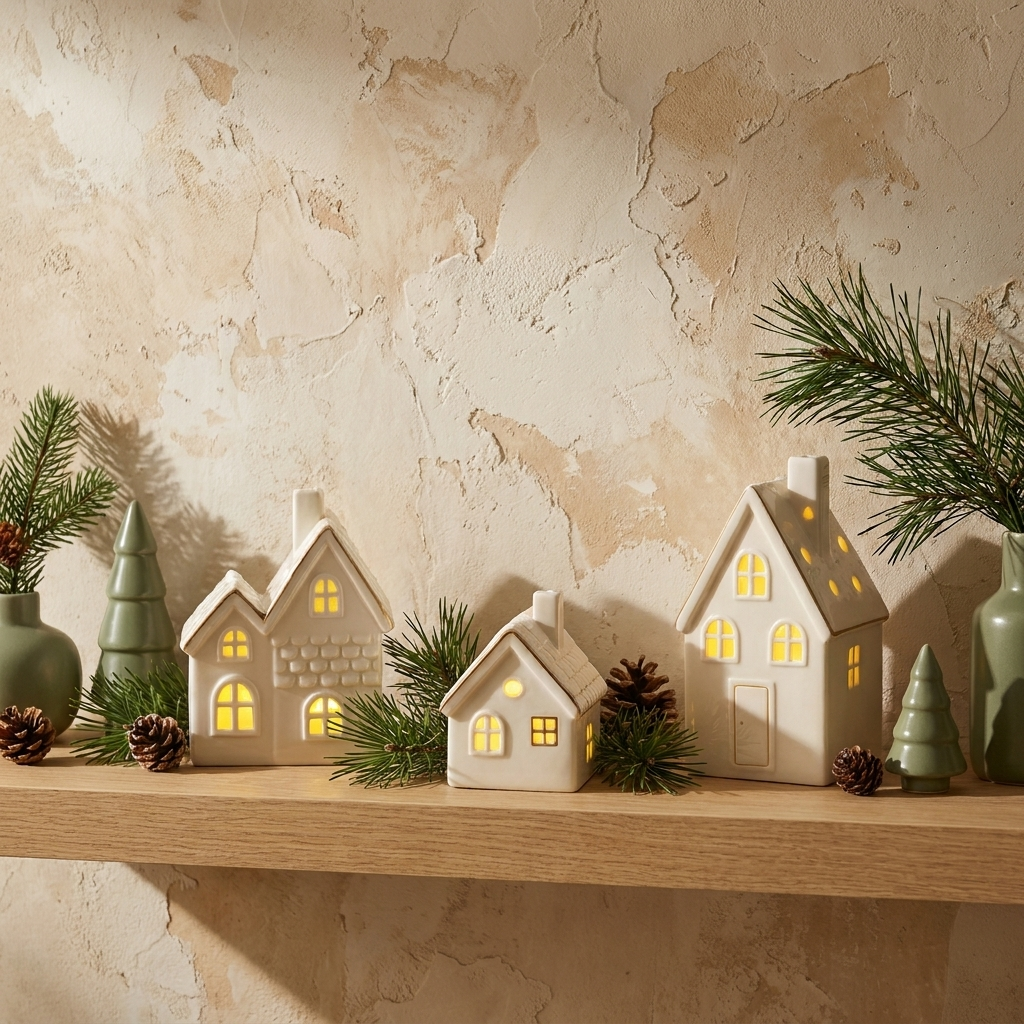 Ceramic Christmas houses glowing on an oak shelf