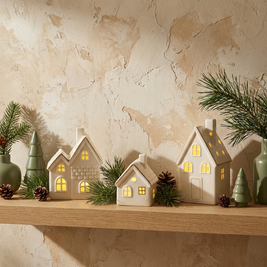 Ceramic Christmas houses glowing on an oak shelf