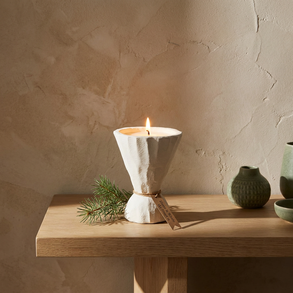 Concrete candle holder lit on an oak console