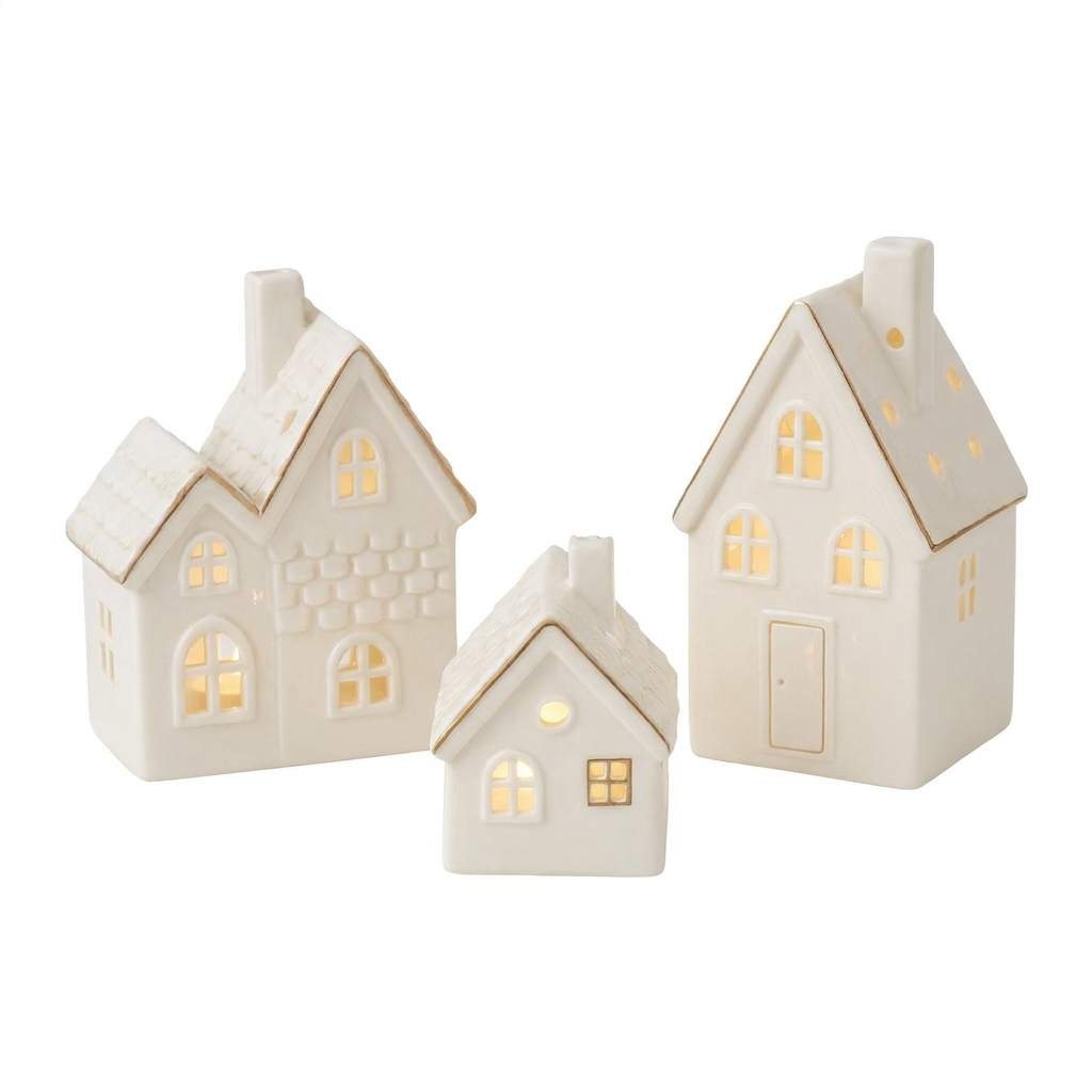 Three white ceramic Christmas houses on white background