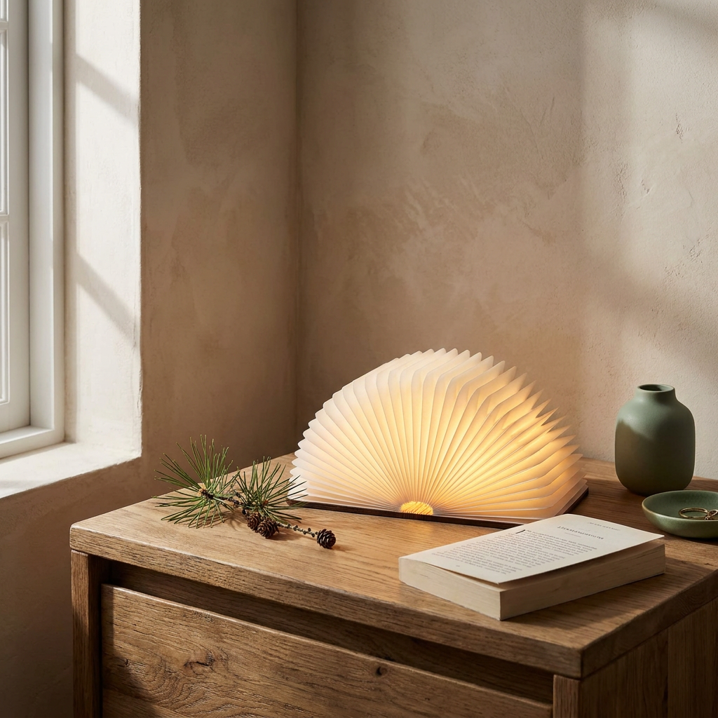 Book lamp glowing on a bedside table