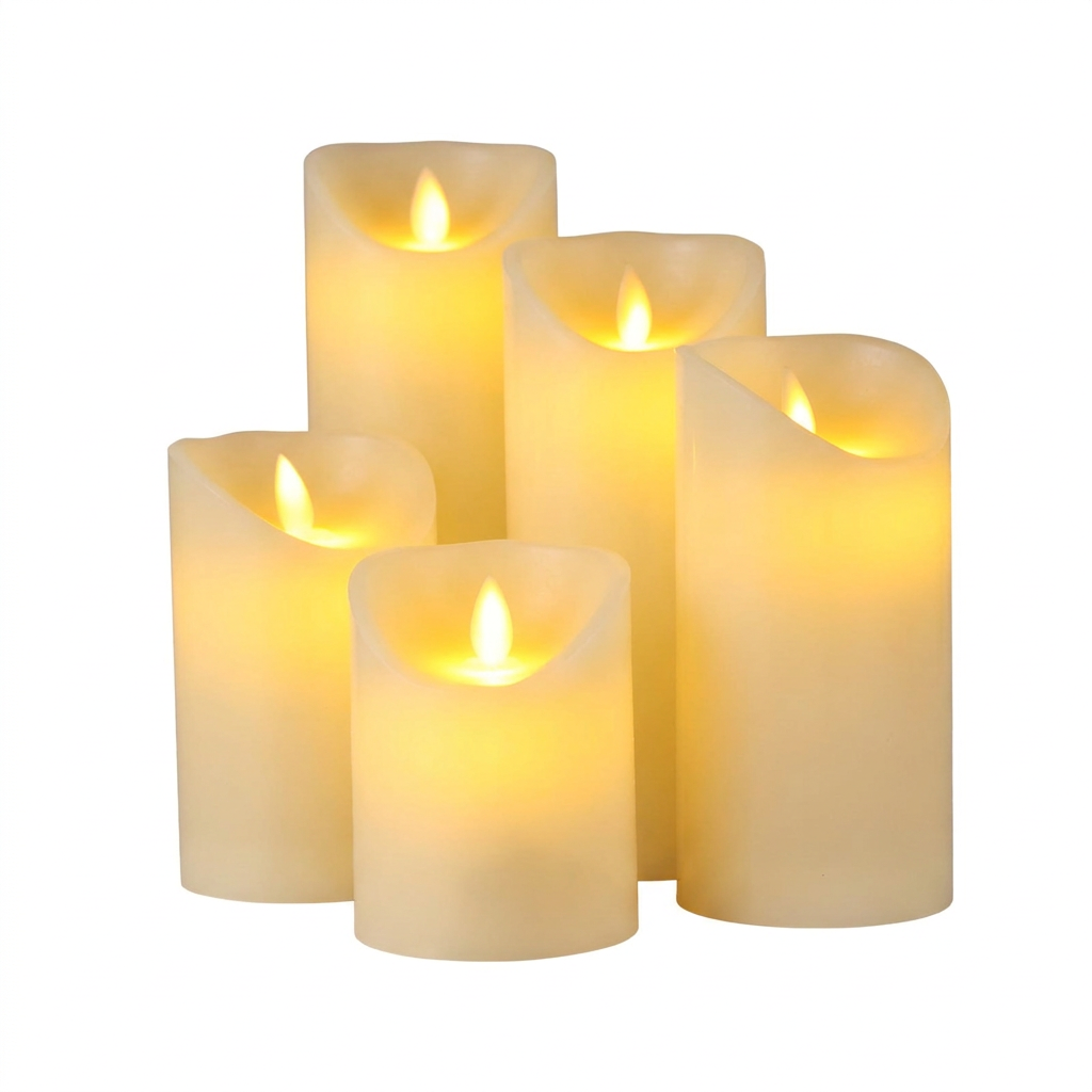 Set of flameless LED pillar candles on a white background