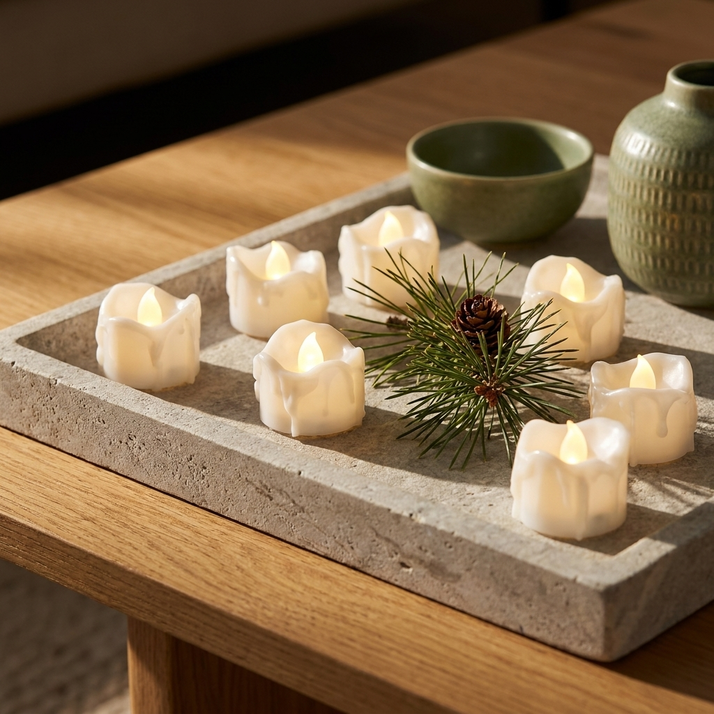 Set of flameless LED tea lights close-up, scattered on a stone tray on an oak coffee table