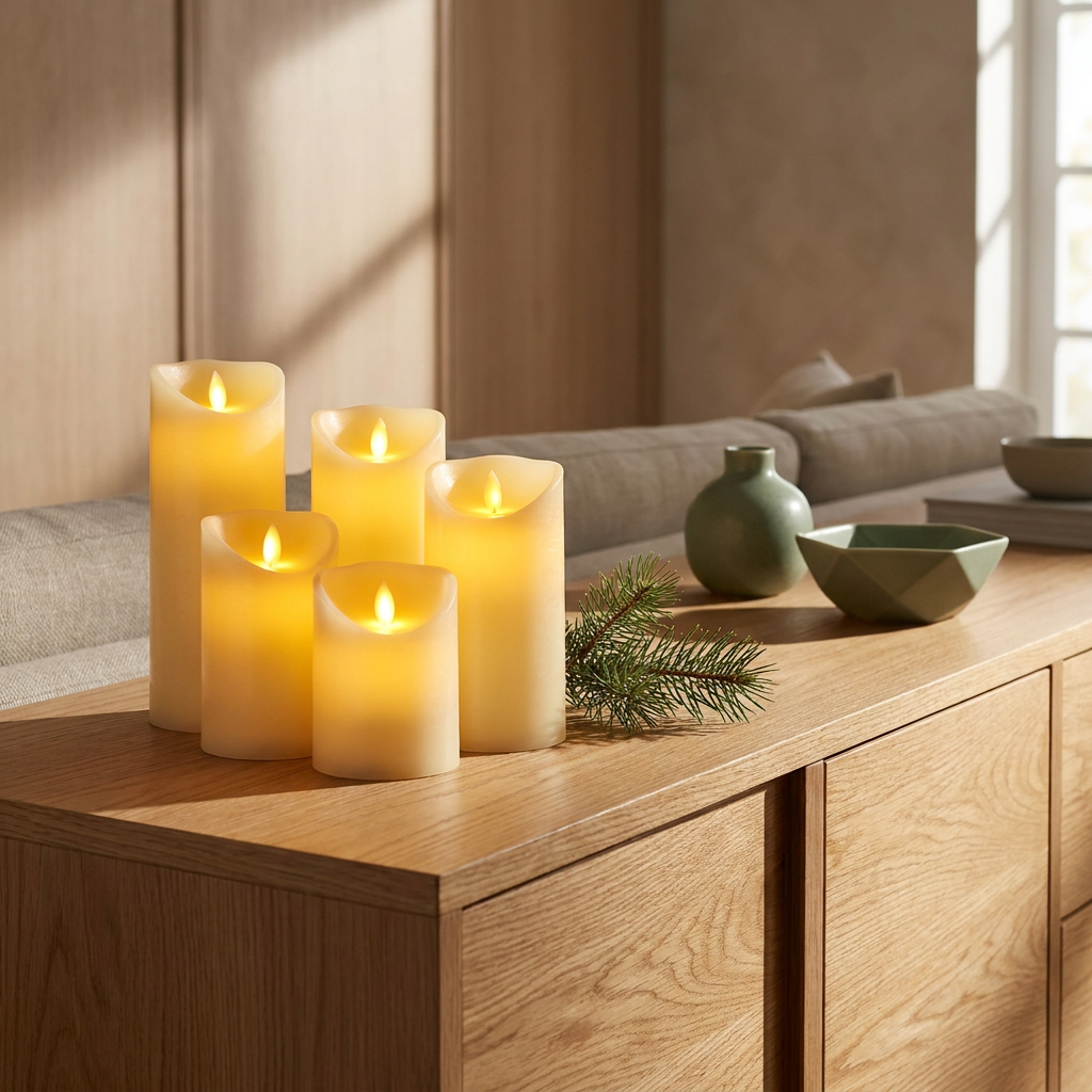 Set of flameless LED pillar candles close-up, grouped on an oak sideboard