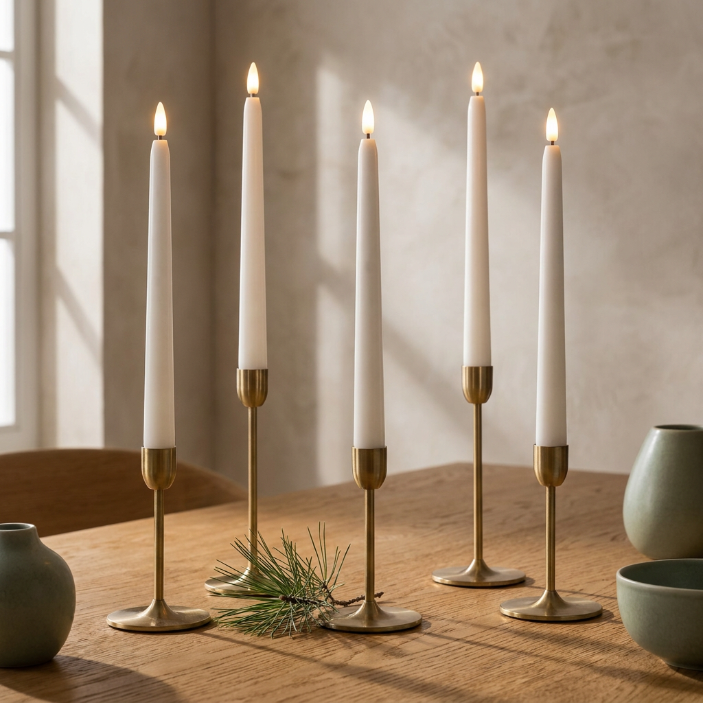 Set of flameless LED taper candles close-up, standing in simple brass candlesticks on an oak dining table