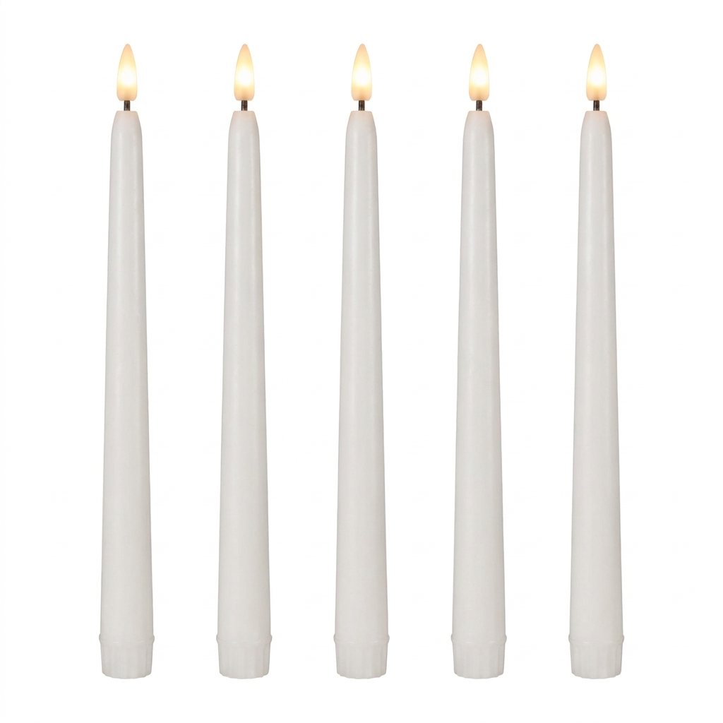 Set of flameless LED taper candles on a white background