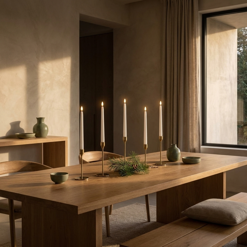 Set of flameless LED taper candles in a Japandi interior, standing in simple brass candlesticks on an oak dining table