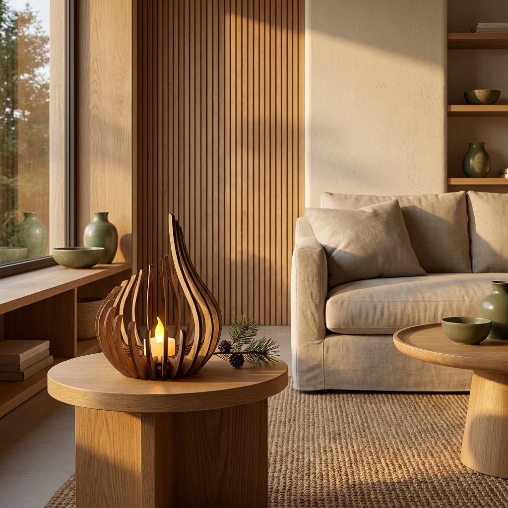 Carved wooden teardrop candle lantern in a Japandi interior, on an oak side table with a glowing candle inside