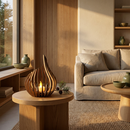 Carved wooden teardrop candle lantern in a Japandi interior, on an oak side table with a glowing candle inside