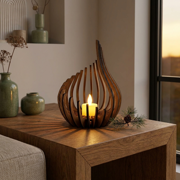 Carved wooden teardrop candle lantern close-up, on an oak side table with a glowing candle inside