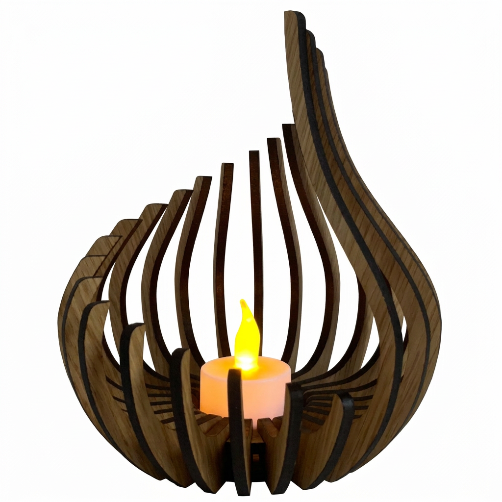 Carved wooden teardrop candle lantern on a white background