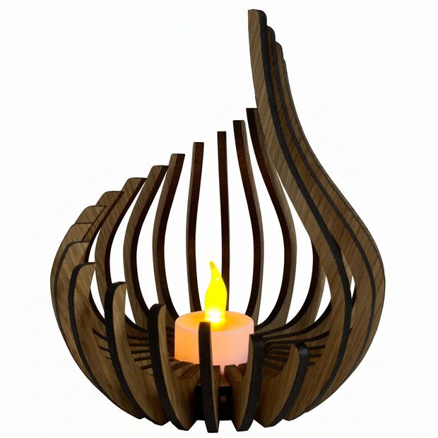 Carved wooden teardrop candle lantern on a white background