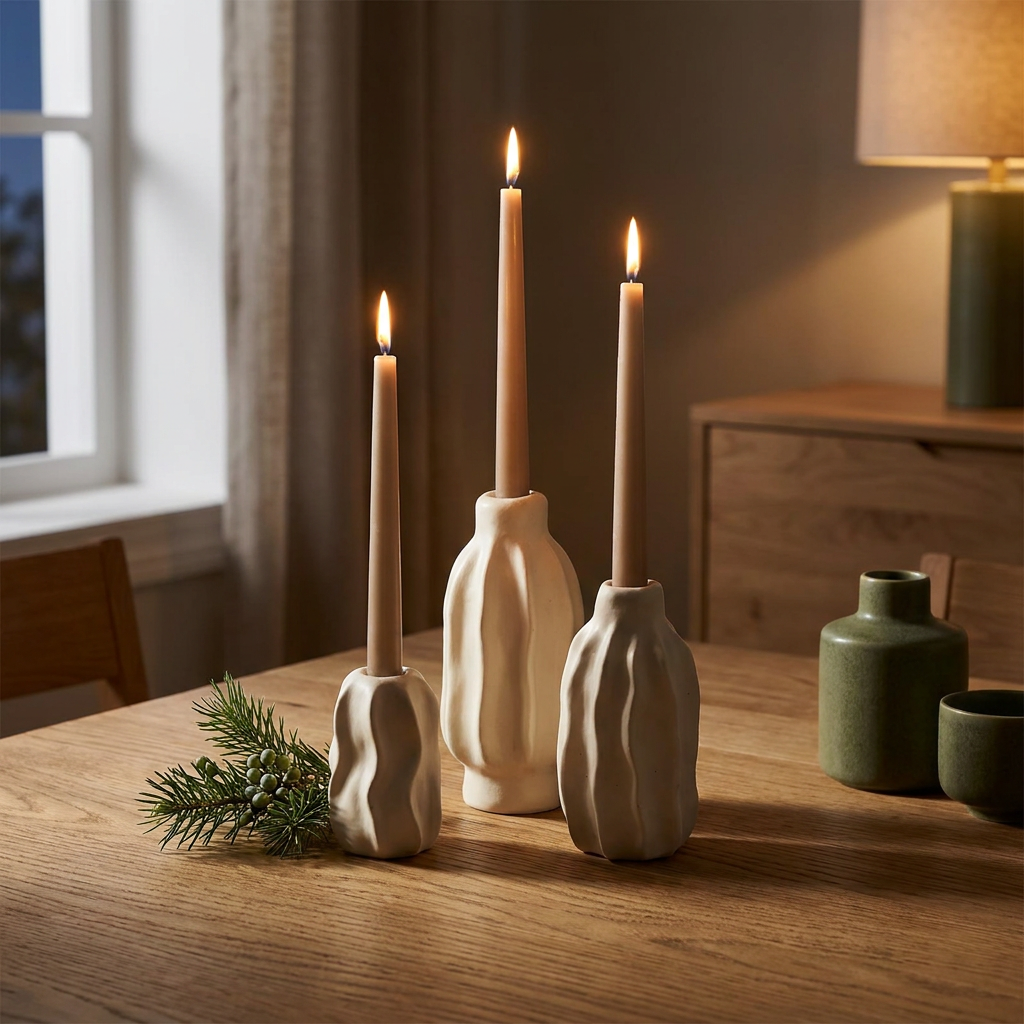Set of rippled matte ceramic taper candle holders close-up, holding slim taper candles on an oak table