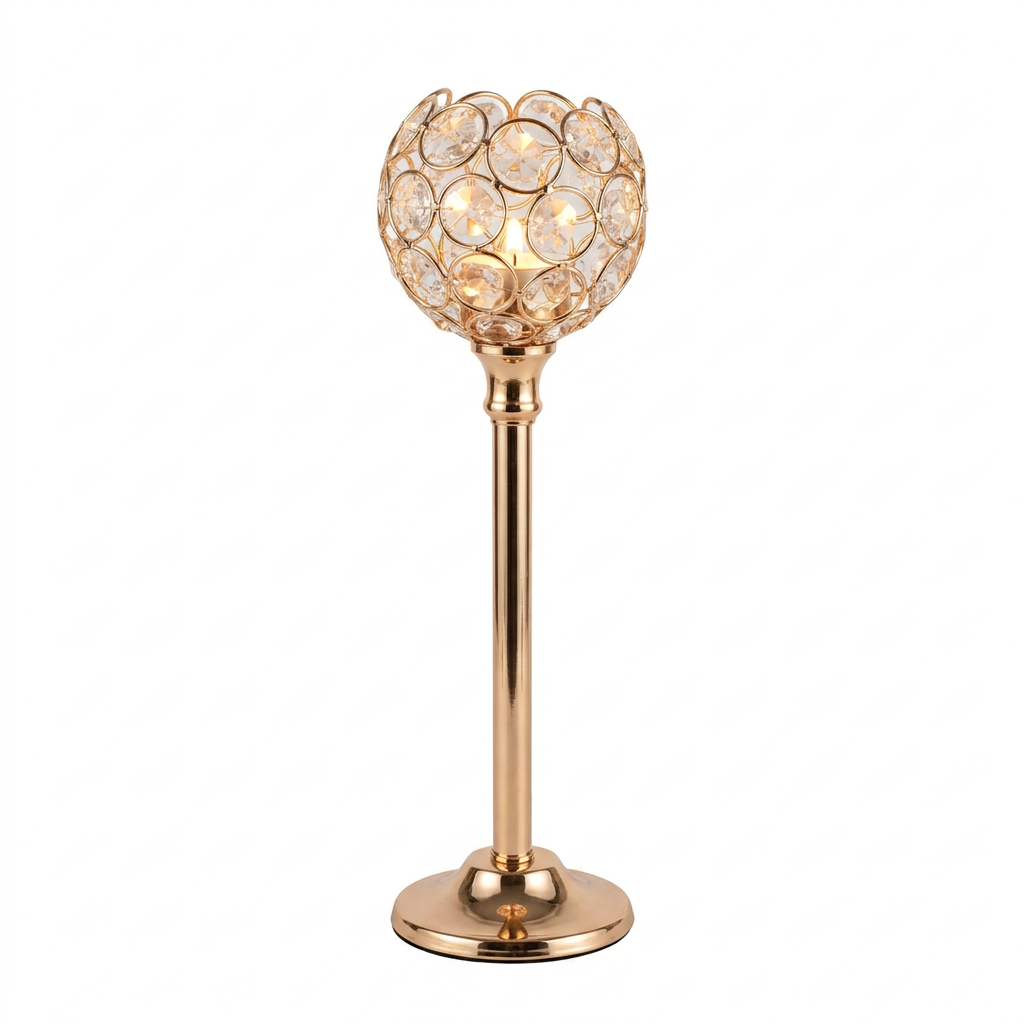 Gold crystal look beaded glass globe candle holder on a stem on a white background