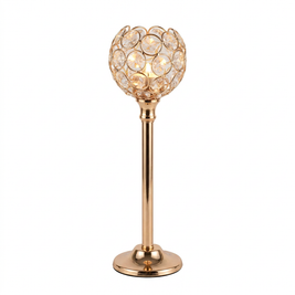 Gold crystal look beaded glass globe candle holder on a stem on a white background