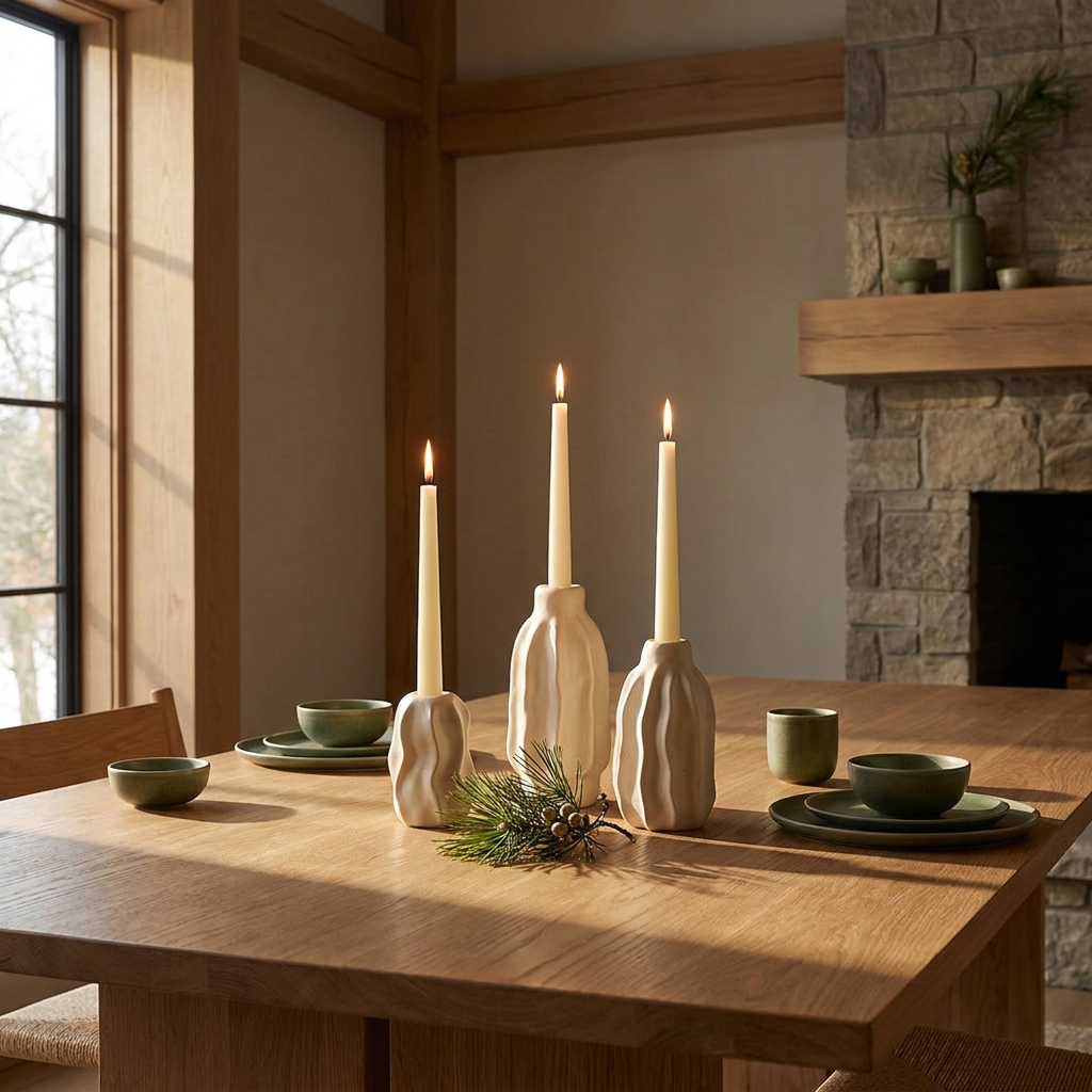 Set of rippled matte ceramic taper candle holders in a Japandi interior, holding slim taper candles on an oak table