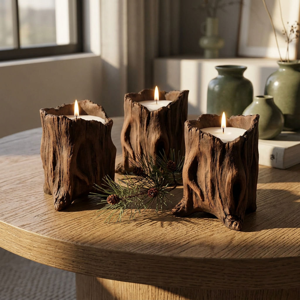 Set of cement tree stump candle vessels close-up, on an oak coffee table