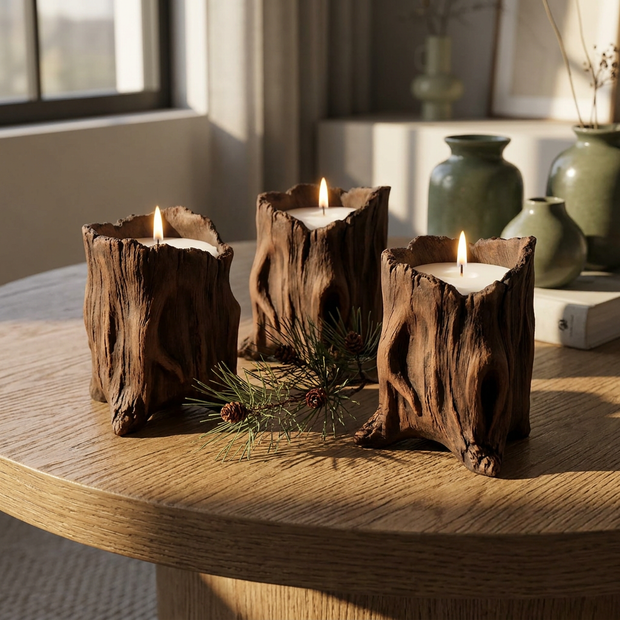 Set of cement tree stump candle vessels close-up, on an oak coffee table
