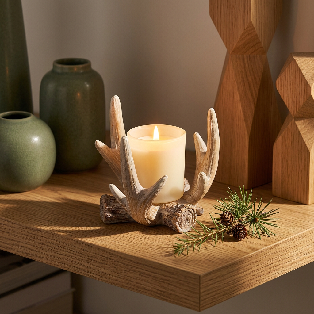 Resin antler cup candle holder close-up, on an oak shelf with a glowing cup candle