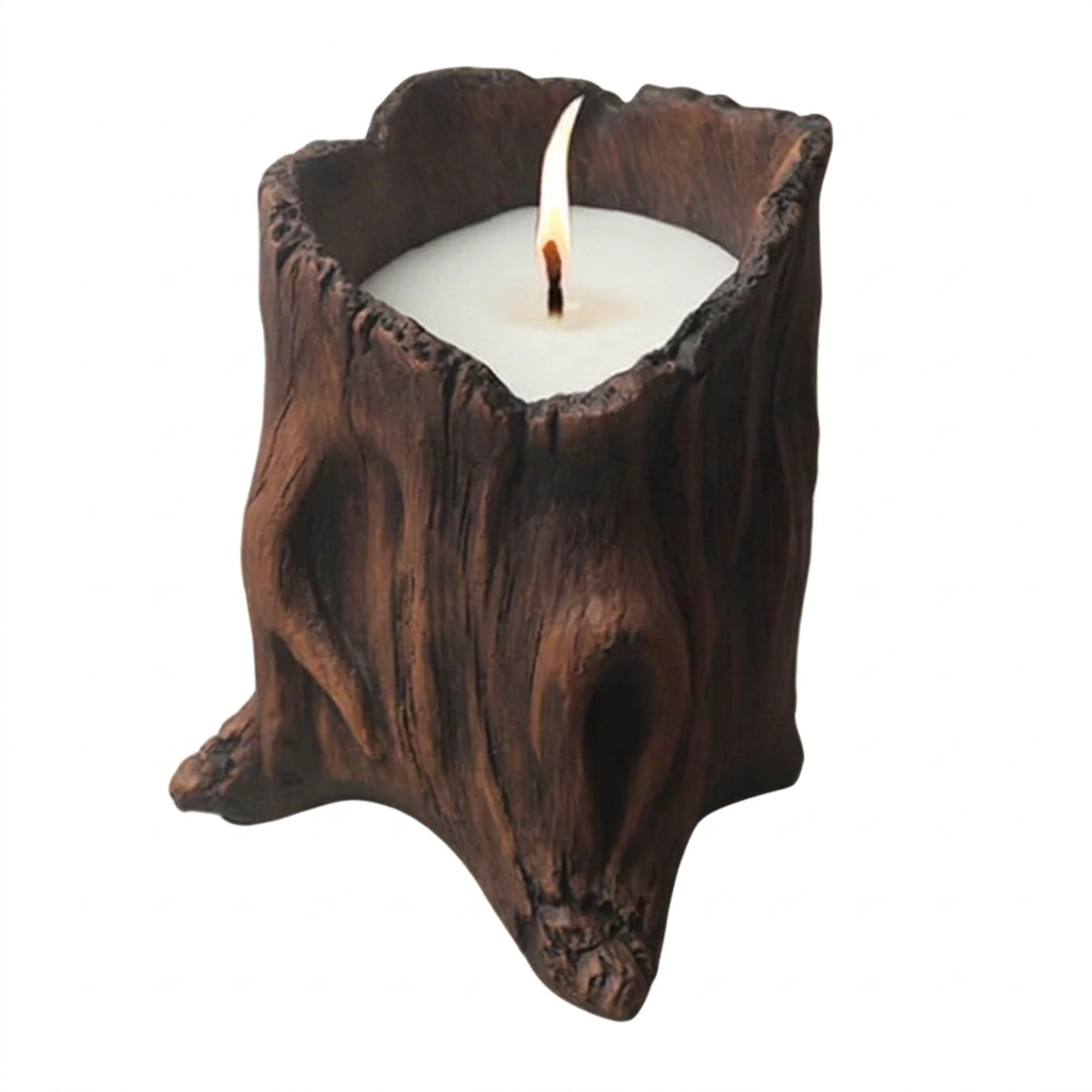 Set of cement tree stump candle vessels on a white background