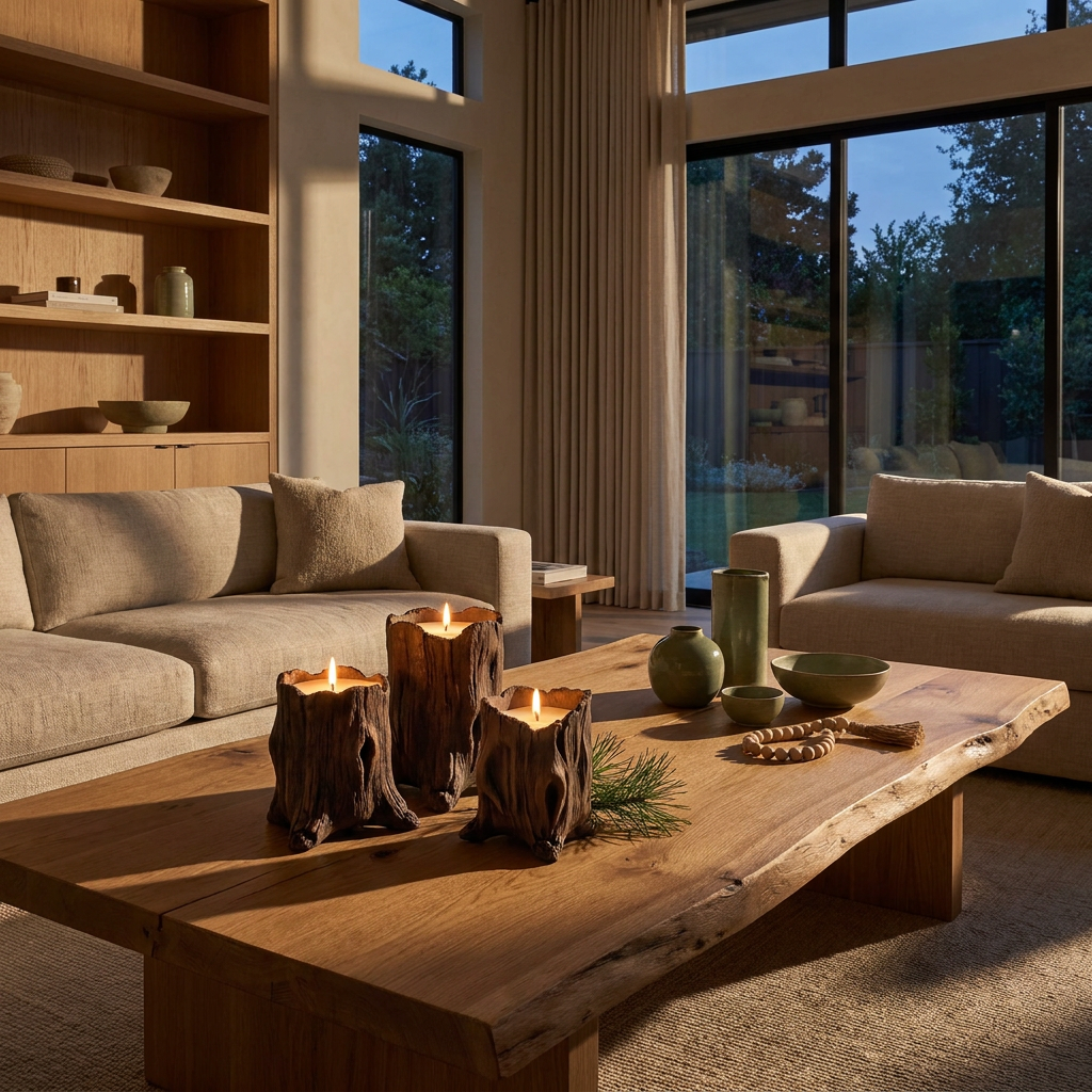 Set of cement tree stump candle vessels in a Japandi interior, on an oak coffee table