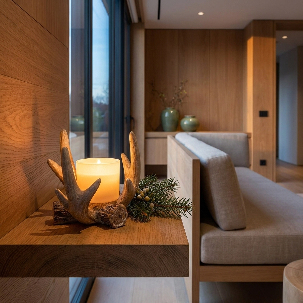 Resin antler cup candle holder in a Japandi interior, on an oak shelf with a glowing cup candle