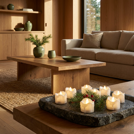 Set of flameless LED tea lights in a Japandi interior, scattered on a stone tray on an oak coffee table