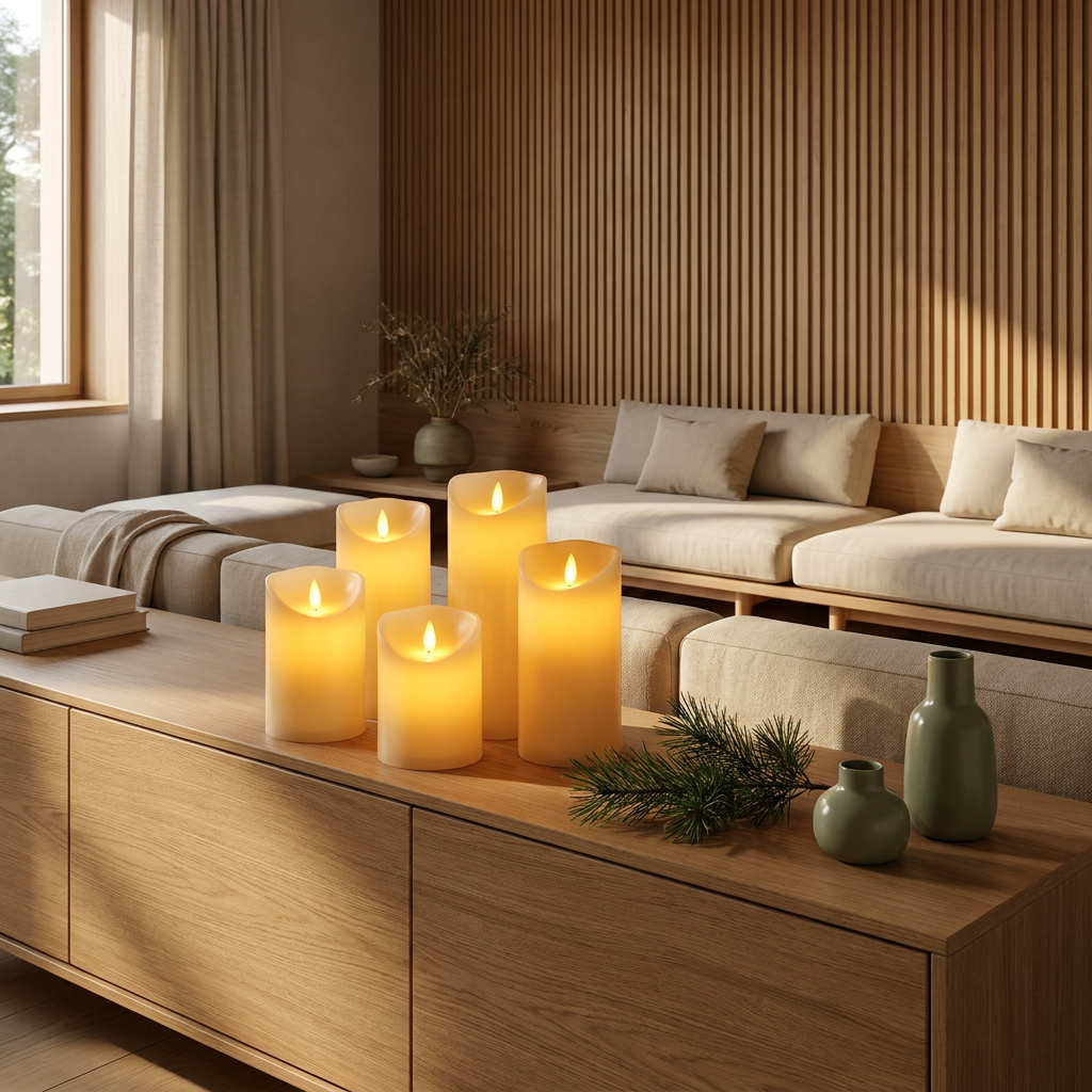 Set of flameless LED pillar candles in a Japandi interior, grouped on an oak sideboard