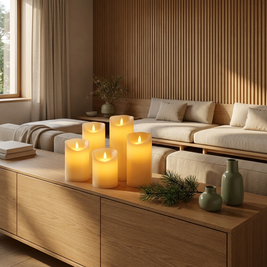 Set of flameless LED pillar candles in a Japandi interior, grouped on an oak sideboard