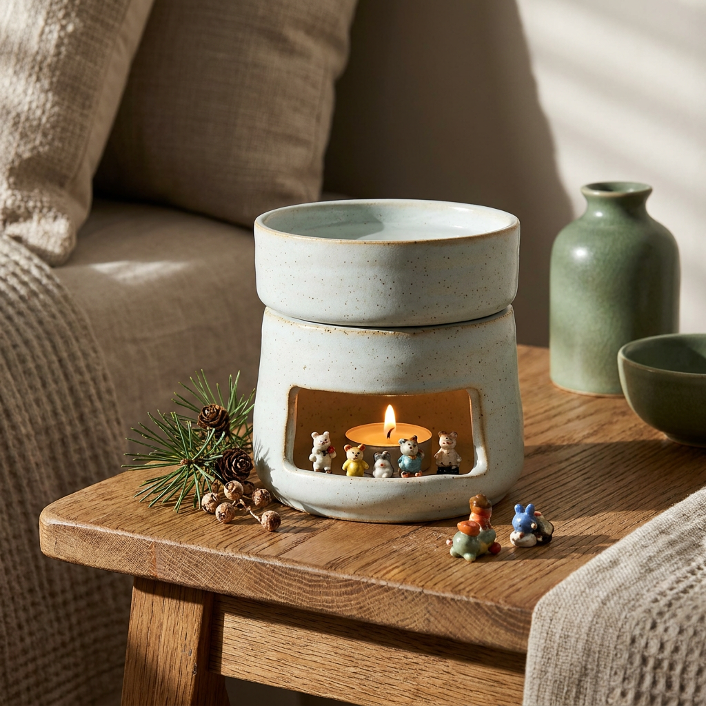 Ceramic tealight oil diffuser and wax warmer close-up, on an oak side table with a tealight glowing inside