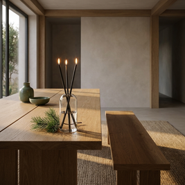 Set of refillable glass oil candles with steel wicks in a Japandi interior, on an oak dining table, the flames lit
