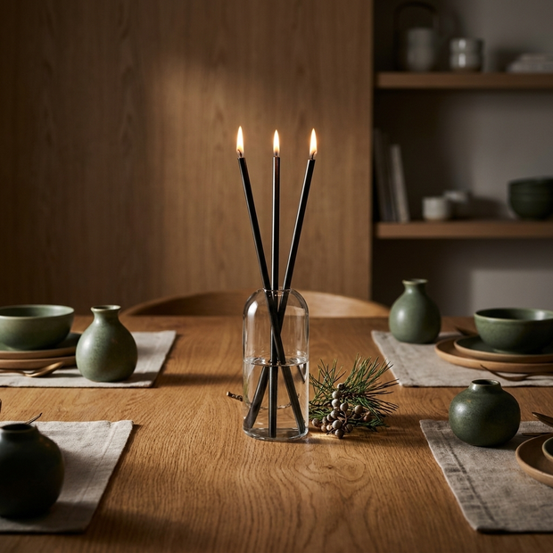 Set of refillable glass oil candles with steel wicks close-up, on an oak dining table, the flames lit