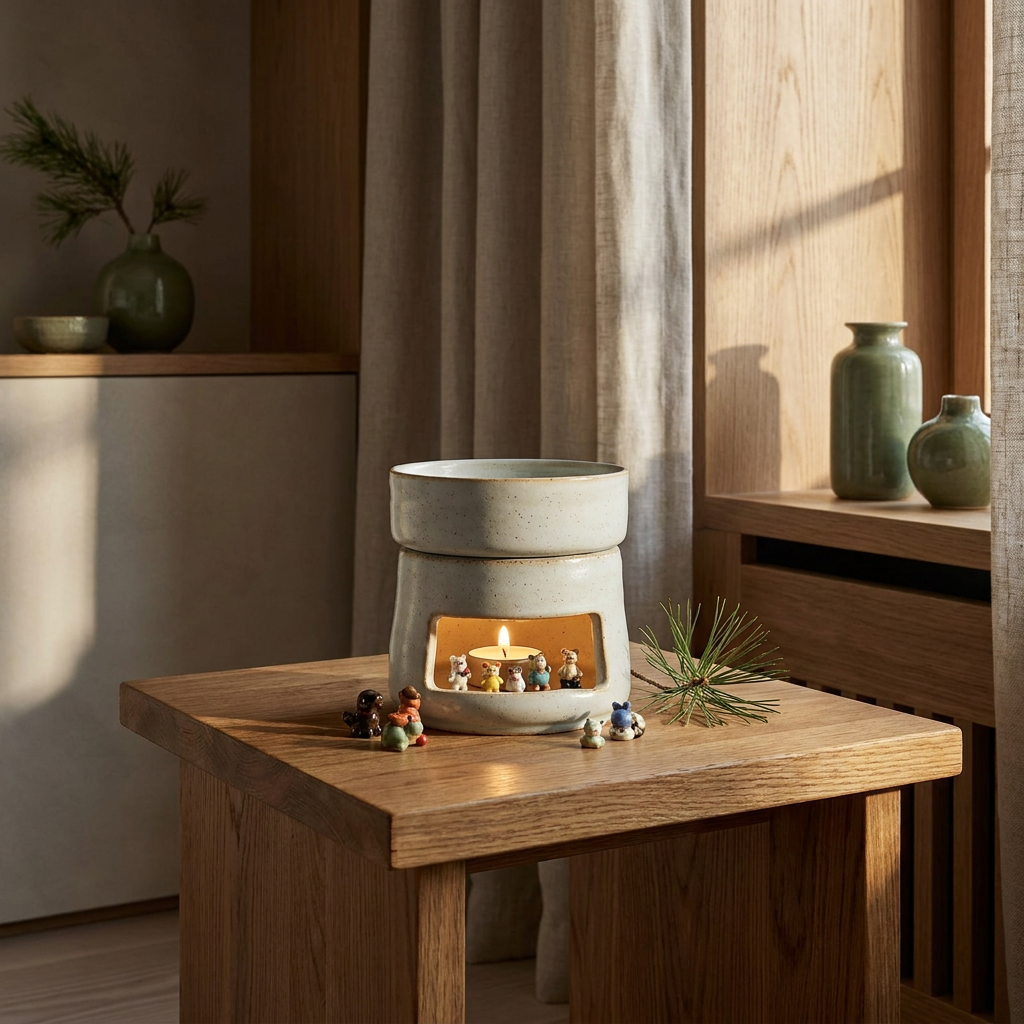 Ceramic tealight oil diffuser and wax warmer in a Japandi interior, on an oak side table with a tealight glowing inside