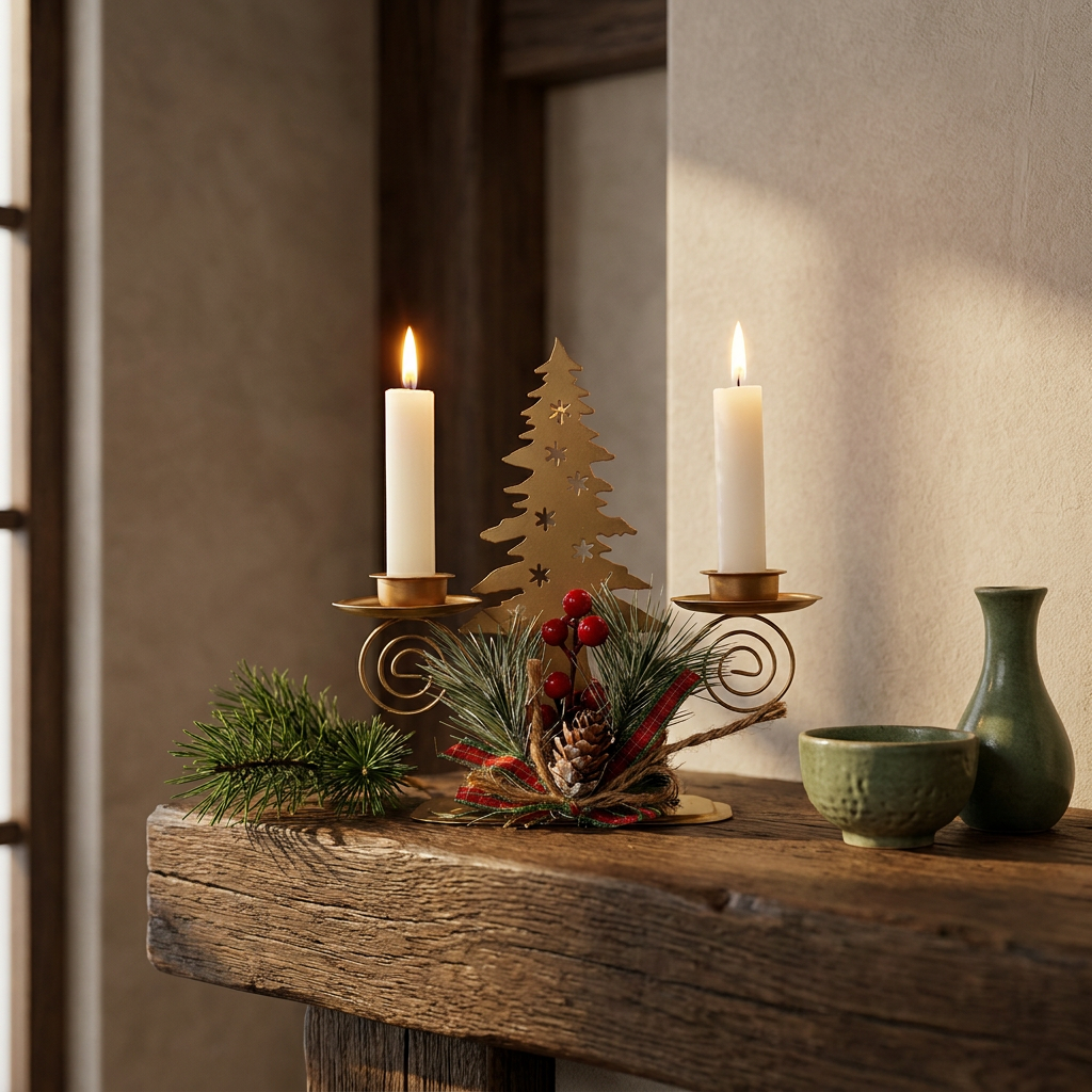 Set of 3 iron taper candlestick holders with pine and berry detail close-up, holding taper candles on an oak mantel