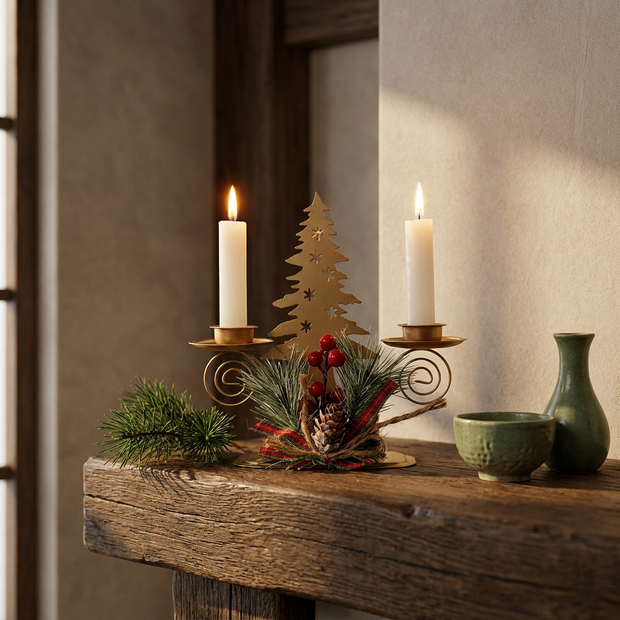 Set of 3 iron taper candlestick holders with pine and berry detail close-up, holding taper candles on an oak mantel