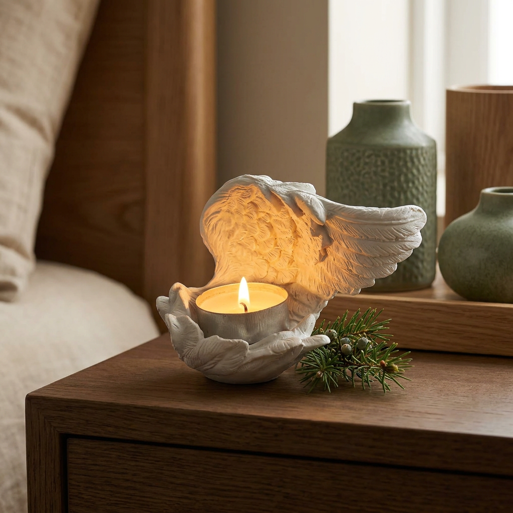 Resin angel wings candle holder close-up, on an oak nightstand with a glowing cup candle