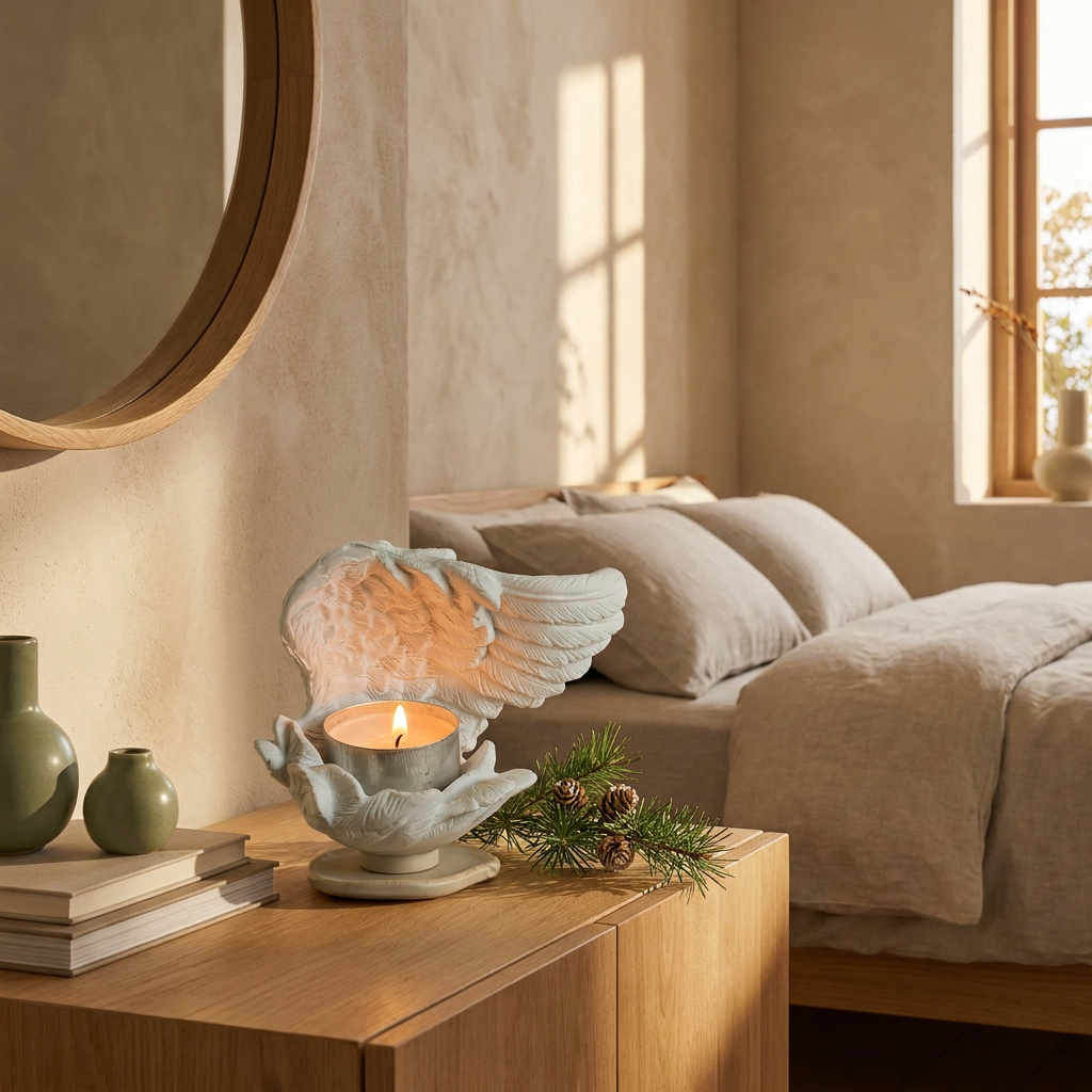 Resin angel wings candle holder in a Japandi interior, on an oak nightstand with a glowing cup candle