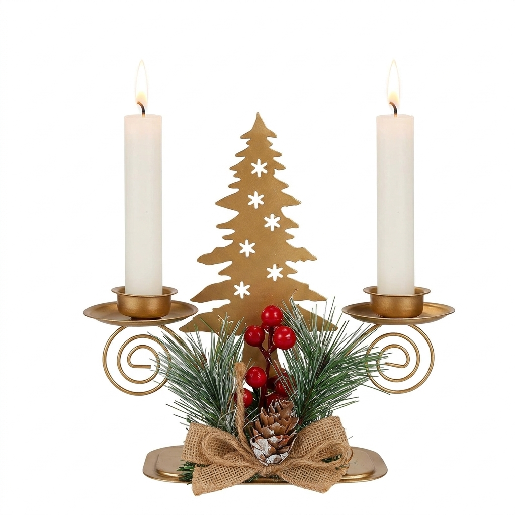 Set of 3 iron taper candlestick holders with pine and berry detail on a white background