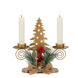 Set of 3 iron taper candlestick holders with pine and berry detail on a white background