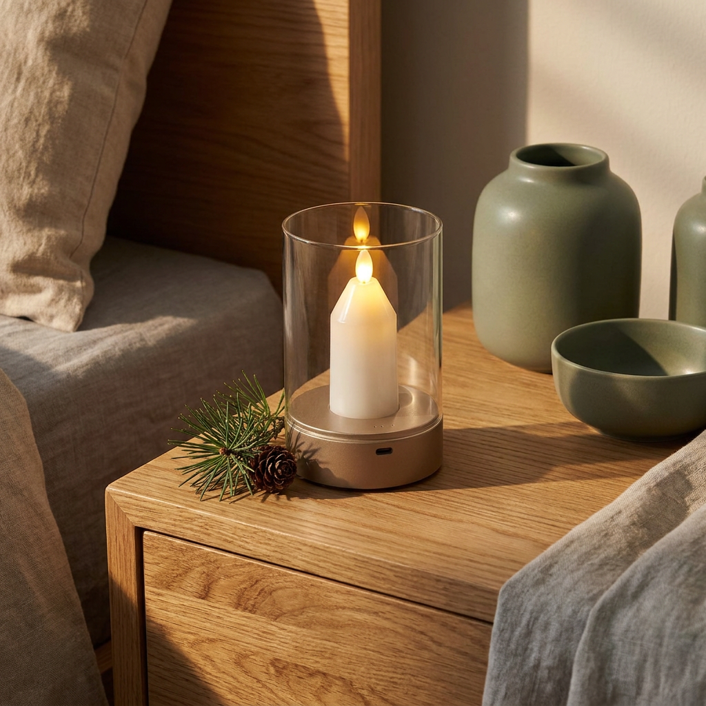 Rechargeable flameless LED candle lamp close-up, on an oak nightstand