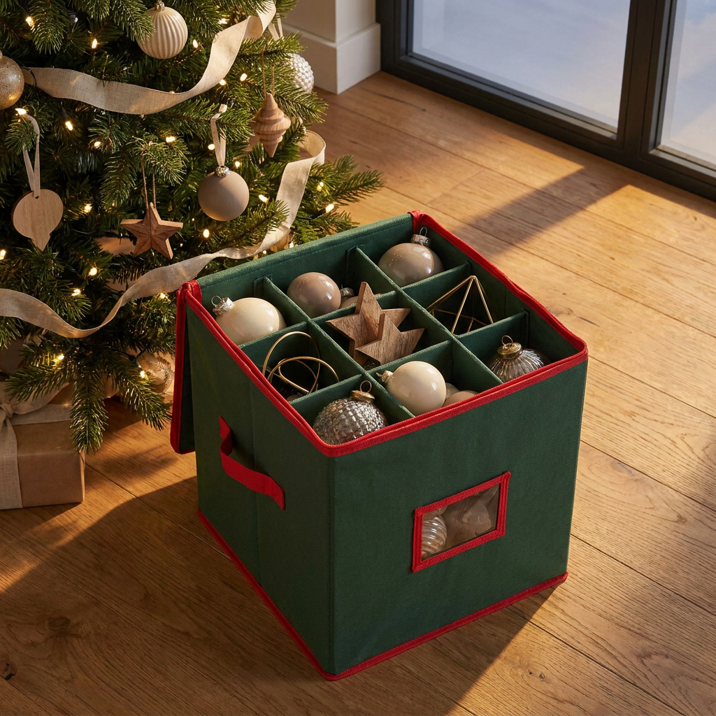 Fabric Christmas ornament storage box with adjustable dividers and clear viewing window close-up with ornaments stored inside