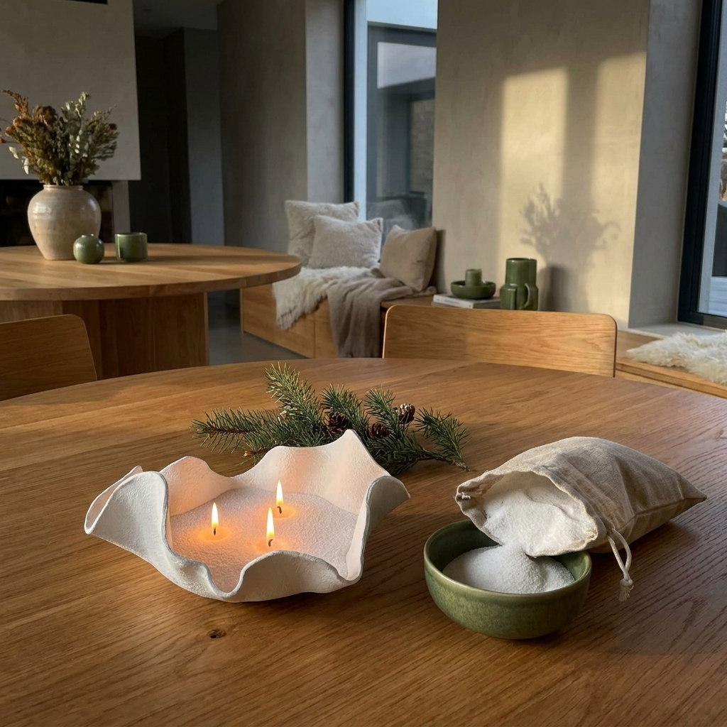 Candle sand kit with wicks in a Japandi interior, on an oak table