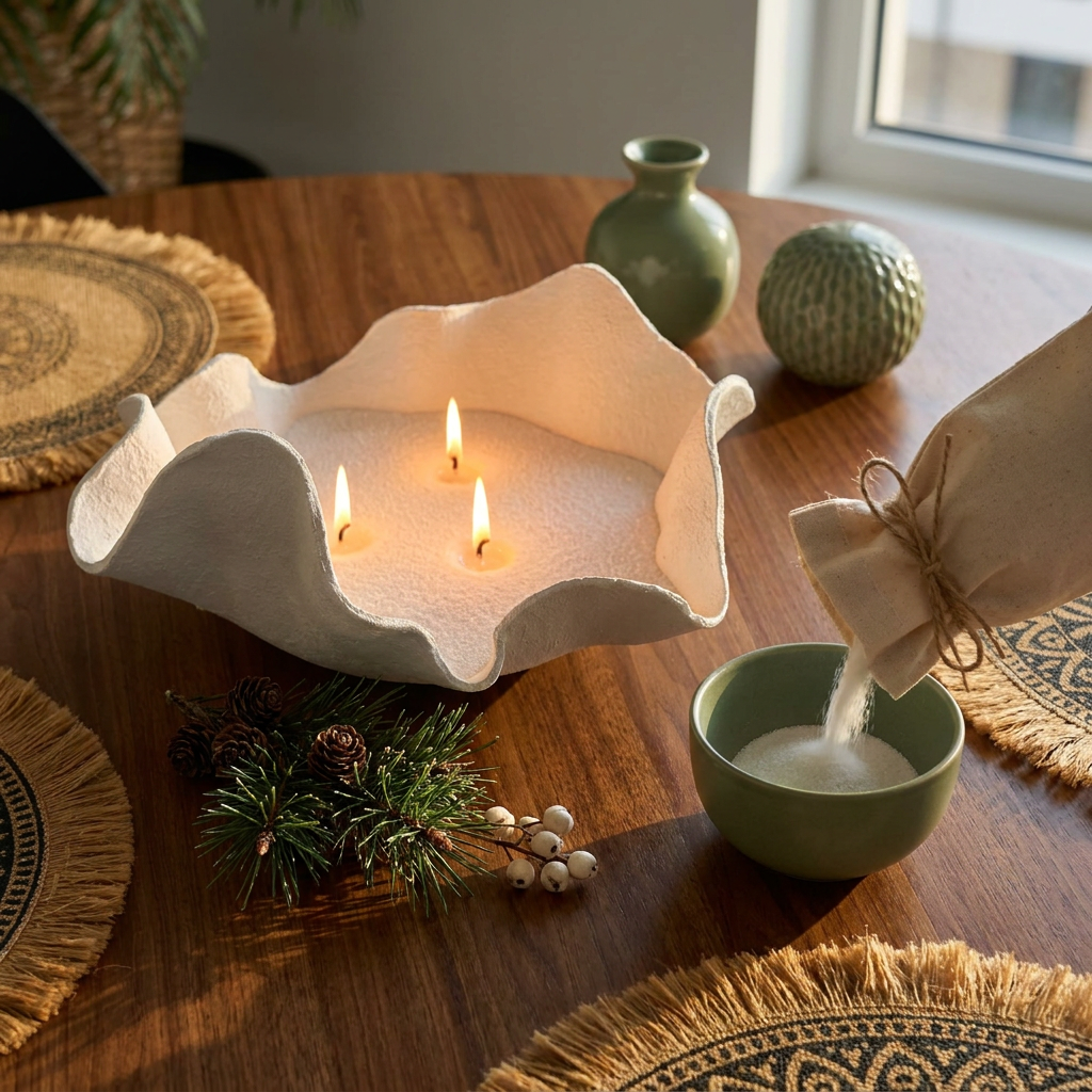 Candle sand kit with wicks close-up, on an oak table