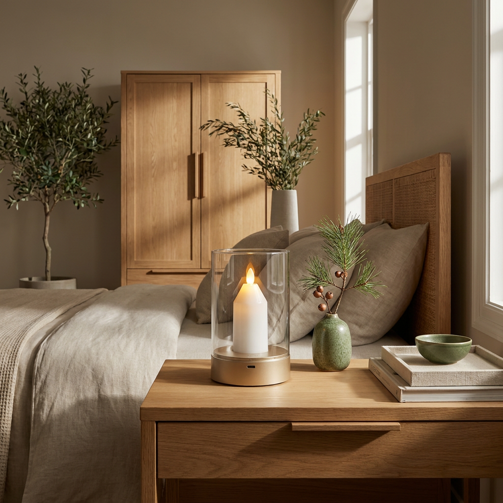 Rechargeable flameless LED candle lamp in a Japandi interior, on an oak nightstand