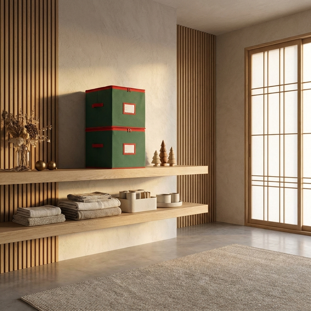 Fabric Christmas ornament storage box with adjustable dividers and clear viewing window on an oak shelf in a Japandi interior