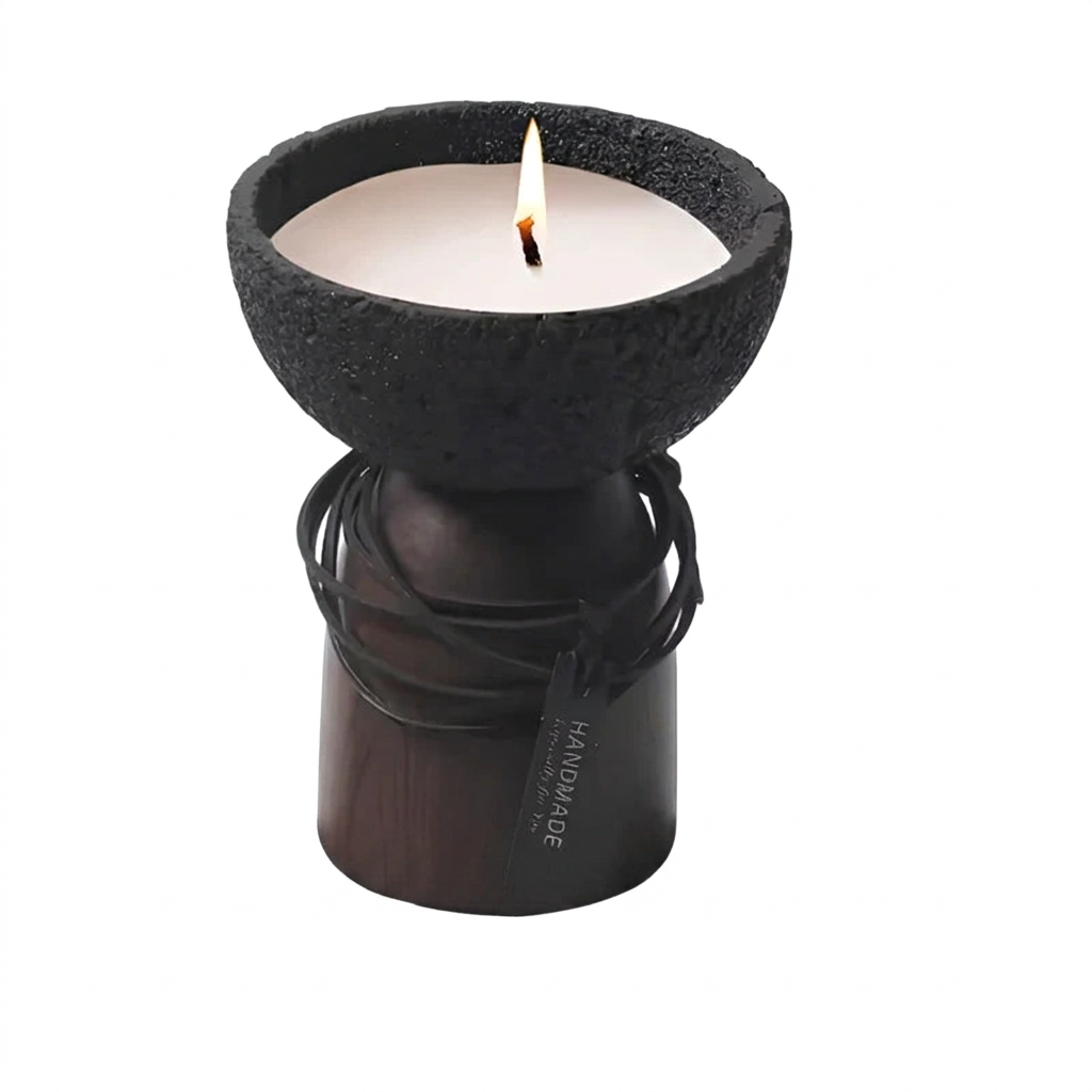 Cement and wood candle bowl on a white background