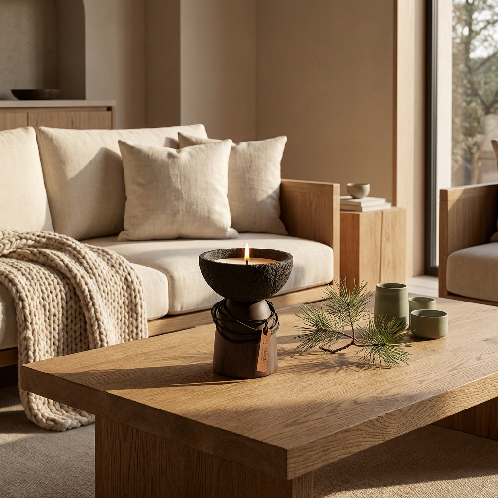 Cement and wood candle bowl in a Japandi interior, on an oak coffee table with a glowing candle