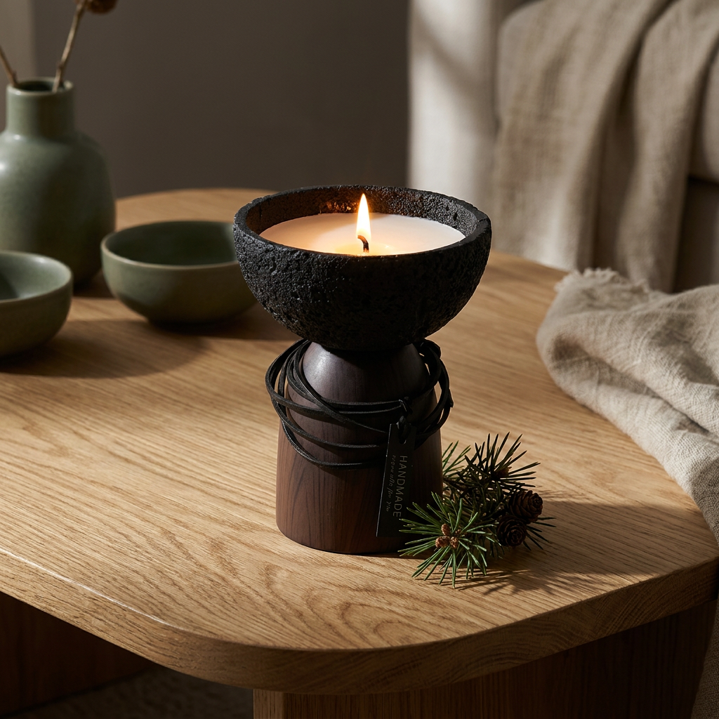 Cement and wood candle bowl close-up, on an oak coffee table with a glowing candle