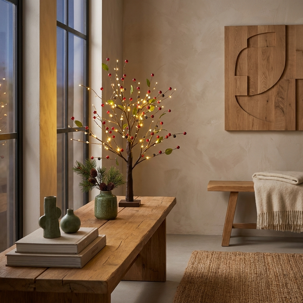 Red berries lighted tabletop twig tree with LEDs in a Japandi interior, on an oak console table