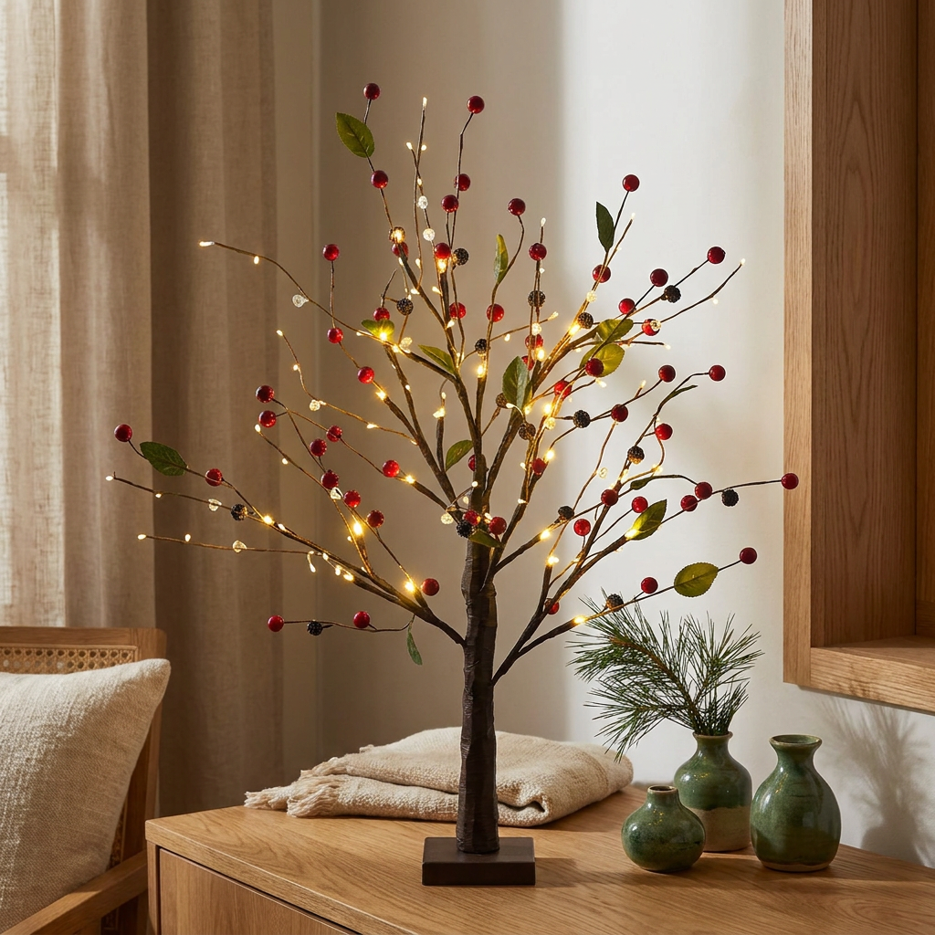 Red berries lighted tabletop twig tree with LEDs close-up, on an oak console table, lights glowing
